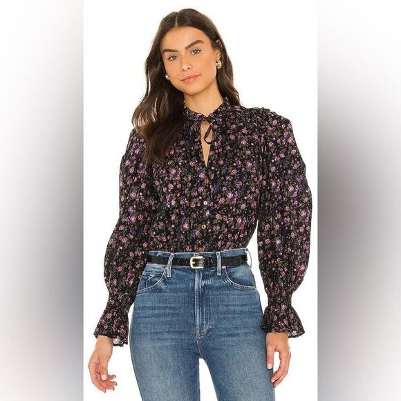 Free People Dark Floral Blouse NEW Black Purple Green Small - Picture 1 of 11
